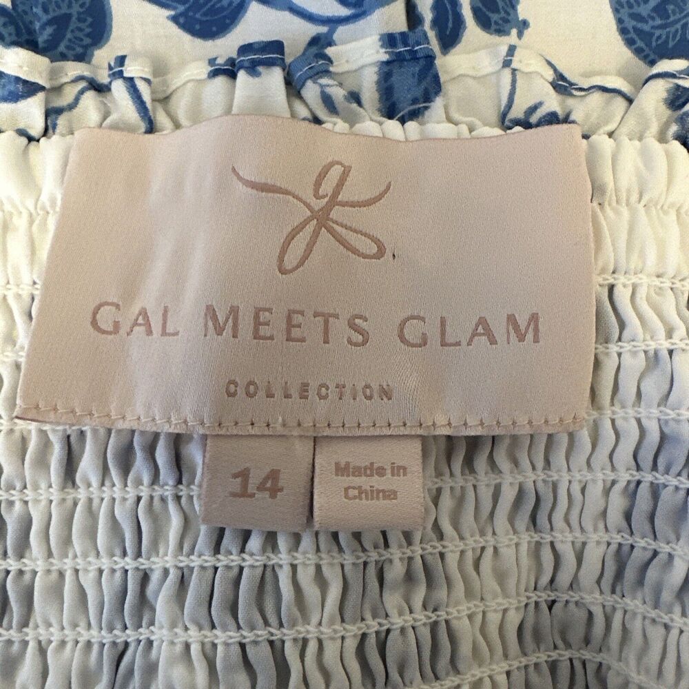 Gal Meets Glam Olivia Dress Size 14 Blue White Floral Ruffle Sleeve Pockets Belt - Picture 7 of 8